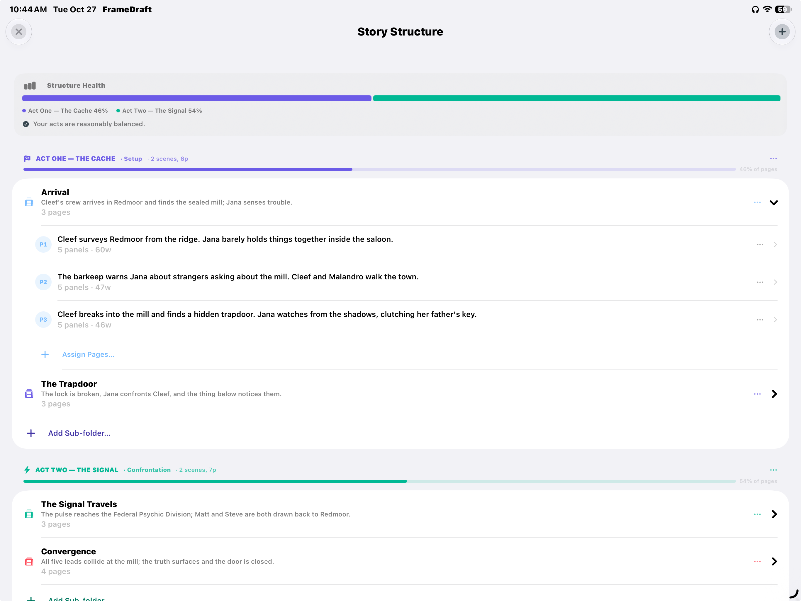 FrameDraft on iPad: Story Structure with Structure Health, colored acts, scene folders and assigned pages