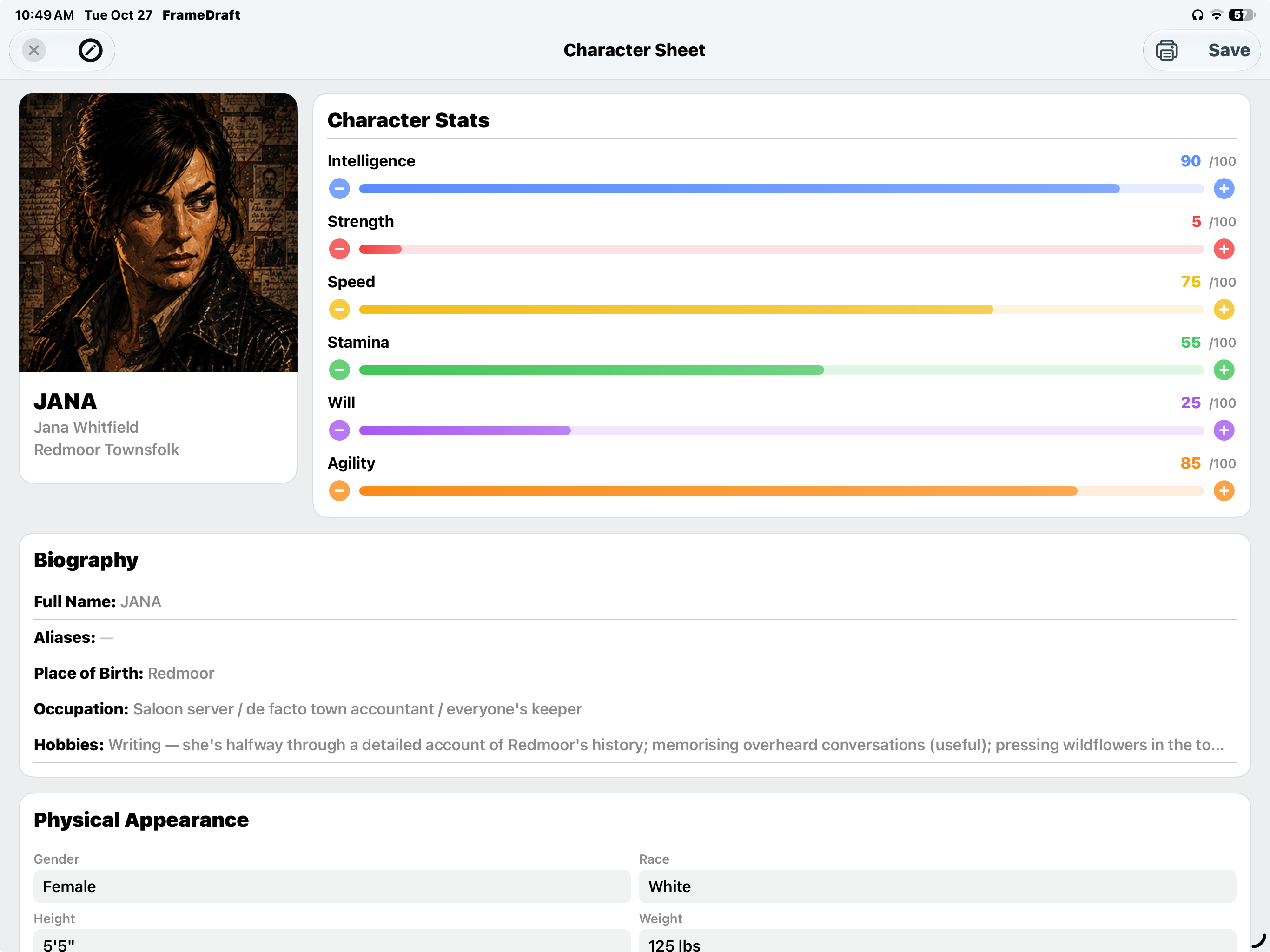 FrameDraft on iPad: JANA Character Sheet with portrait, biography, appearance and adjustable statistics