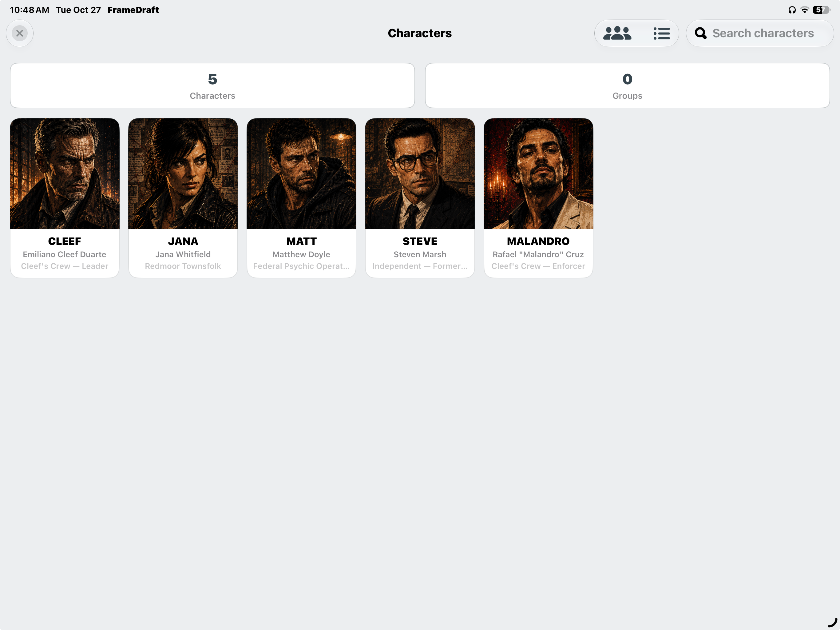 FrameDraft on iPad: cast portrait grid with names, affiliations, search and group totals
