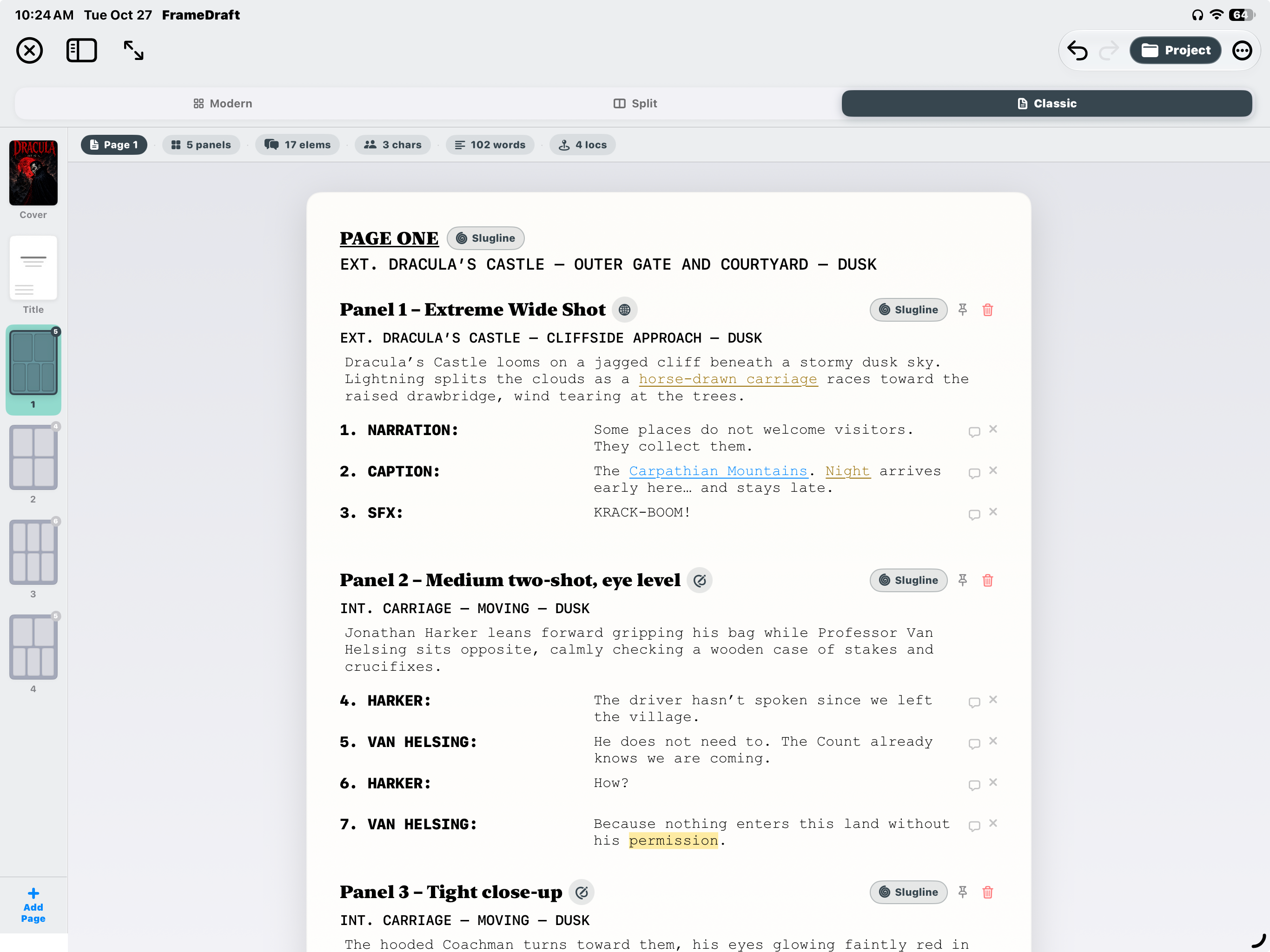 FrameDraft on iPad: Classic script page with numbered elements and a page sidebar