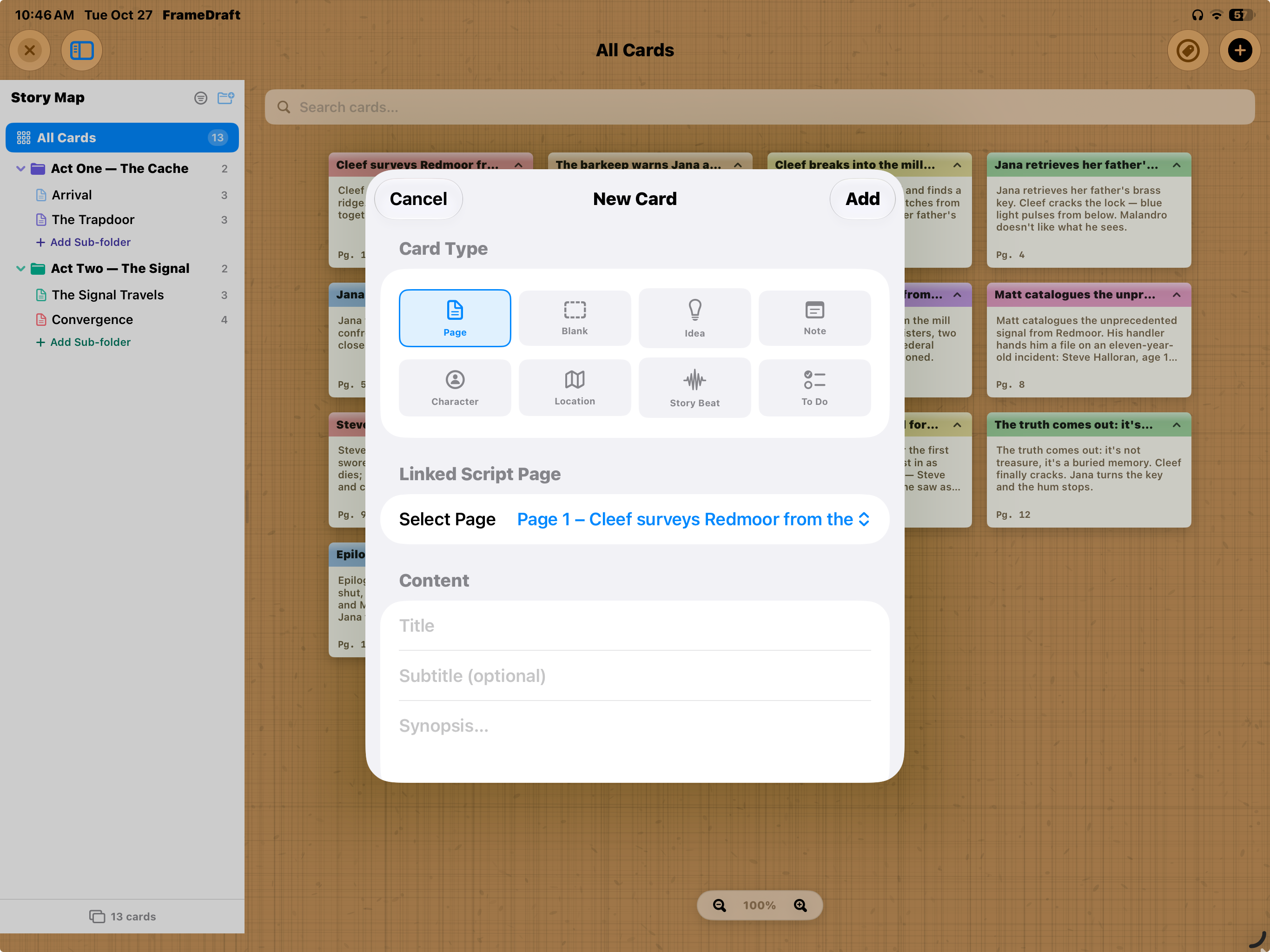 FrameDraft on iPad: New Card sheet with eight card types and a linked script page selector