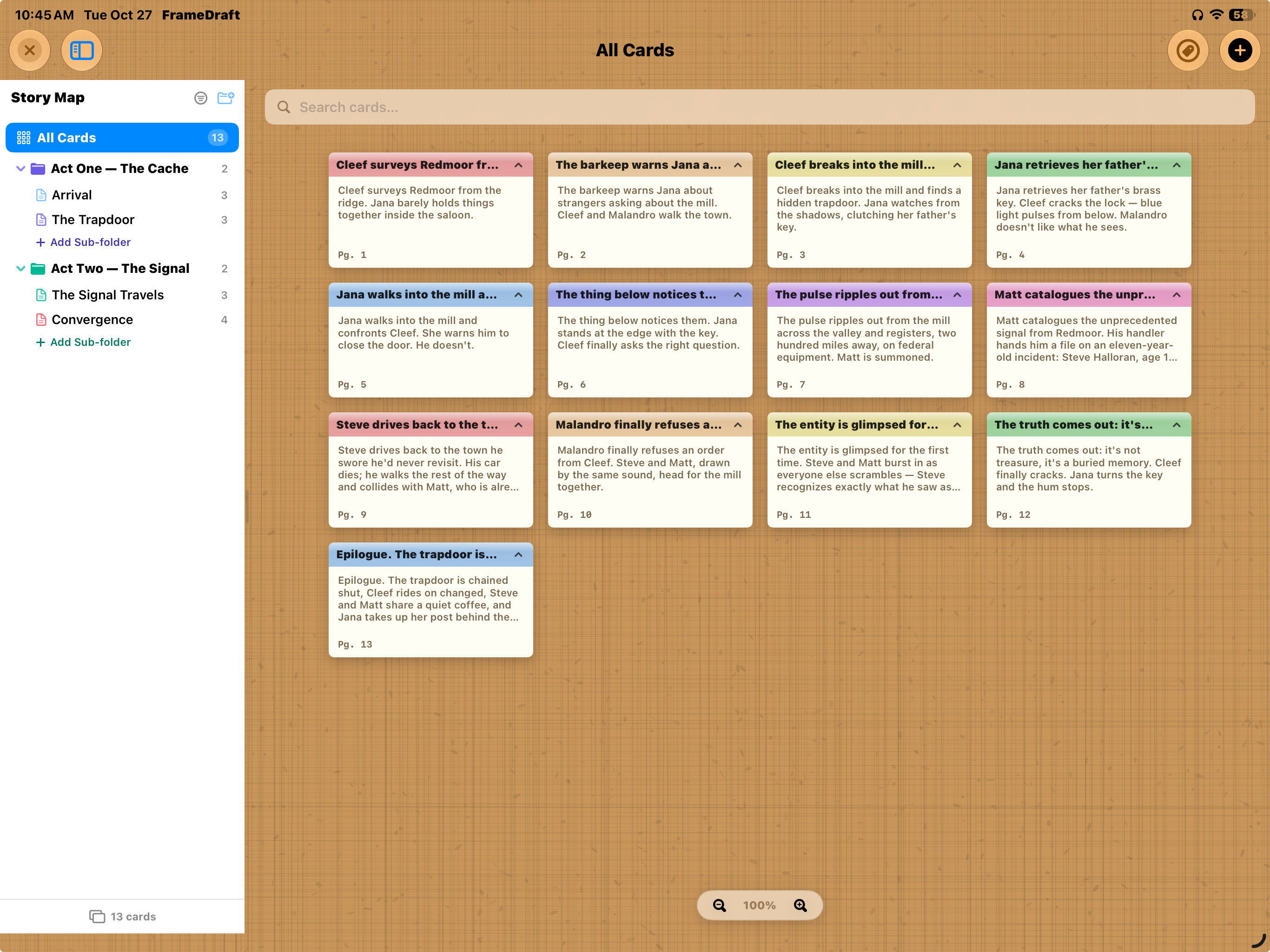 FrameDraft on iPad: colored summary cards and an act-and-scene folder hierarchy on the Corkboard