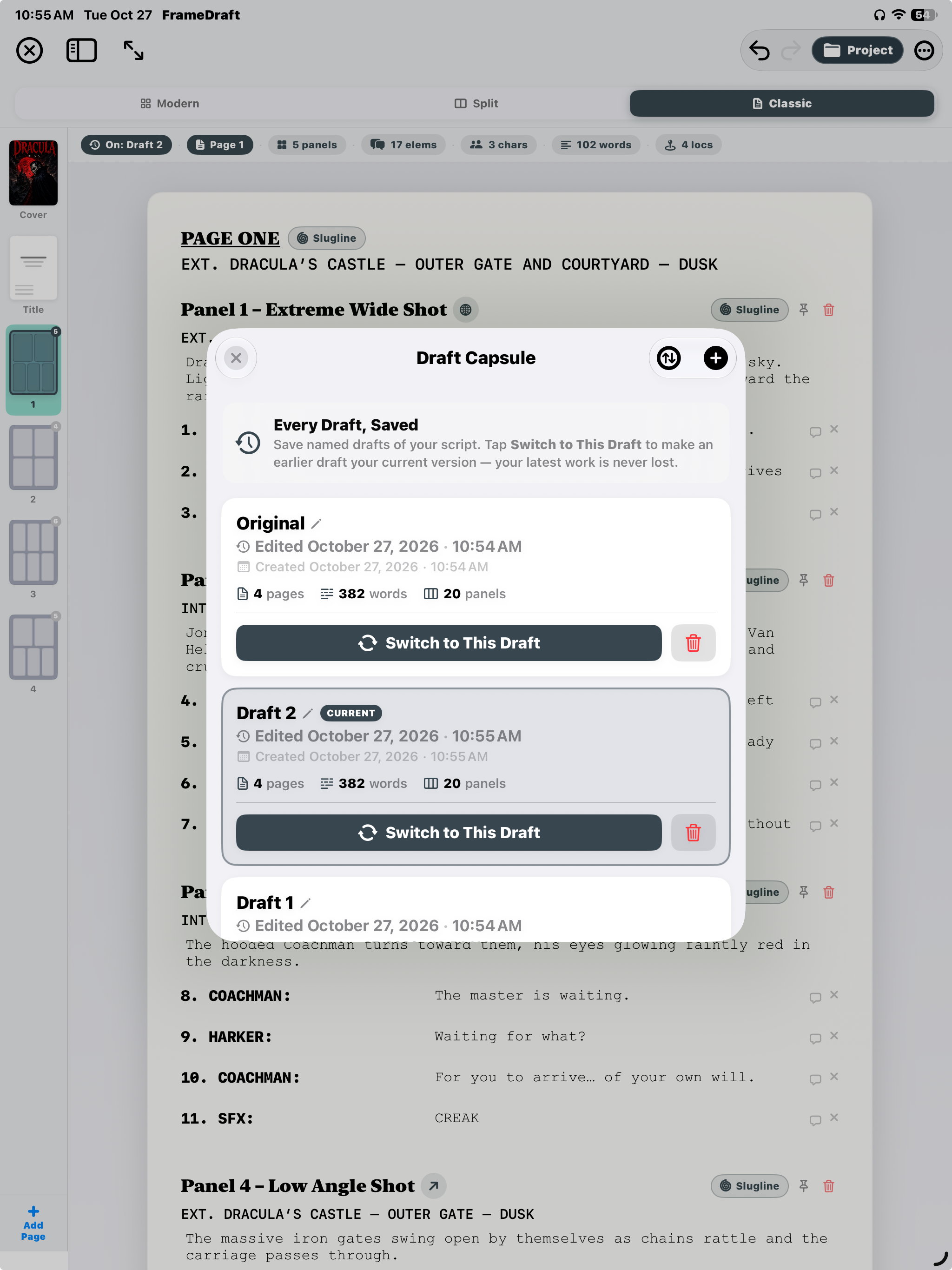 FrameDraft on iPad: Draft Capsule showing named saved drafts, version counts and the CURRENT badge