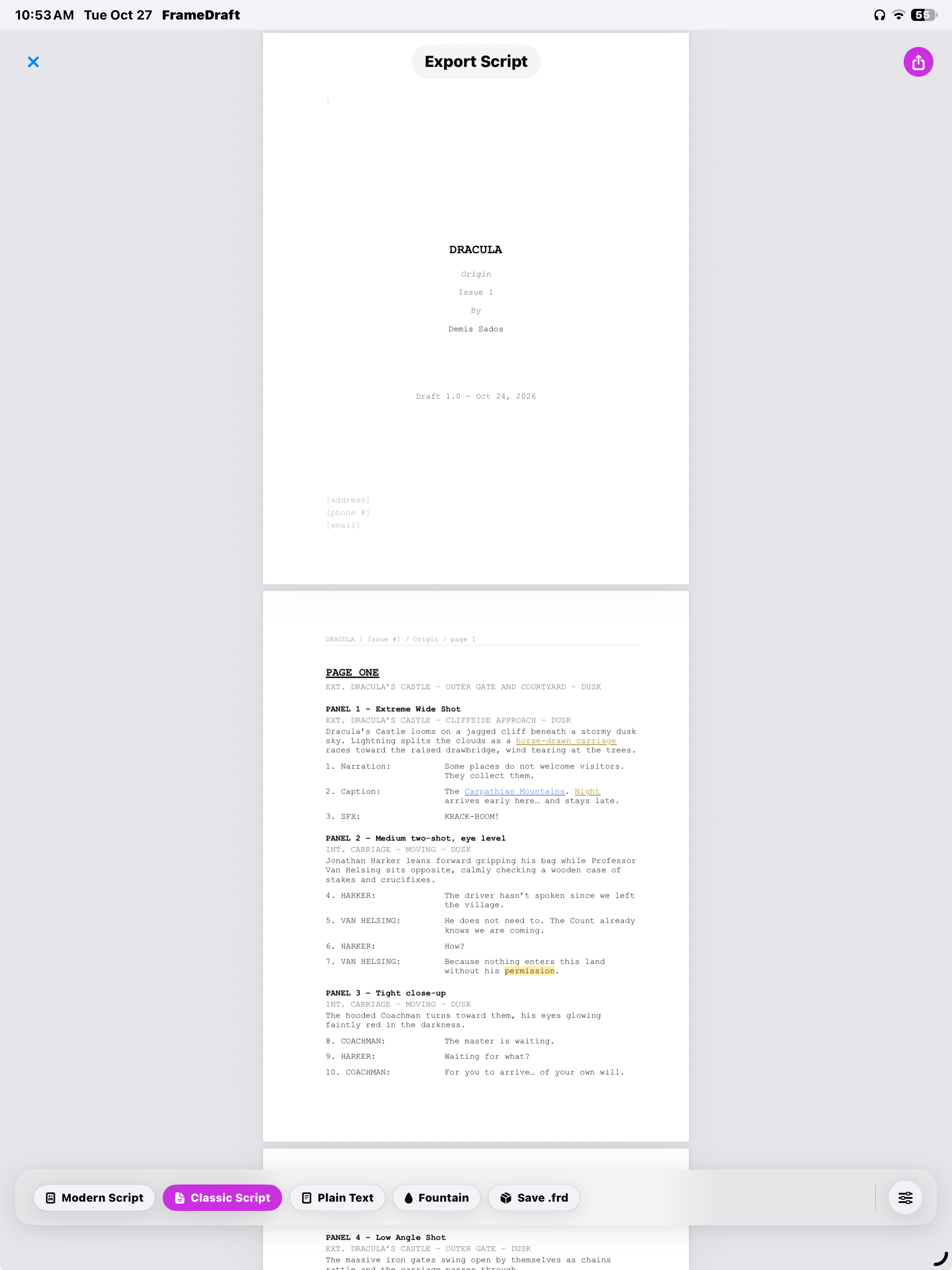FrameDraft on iPad: Classic Script export preview with title page and numbered script elements