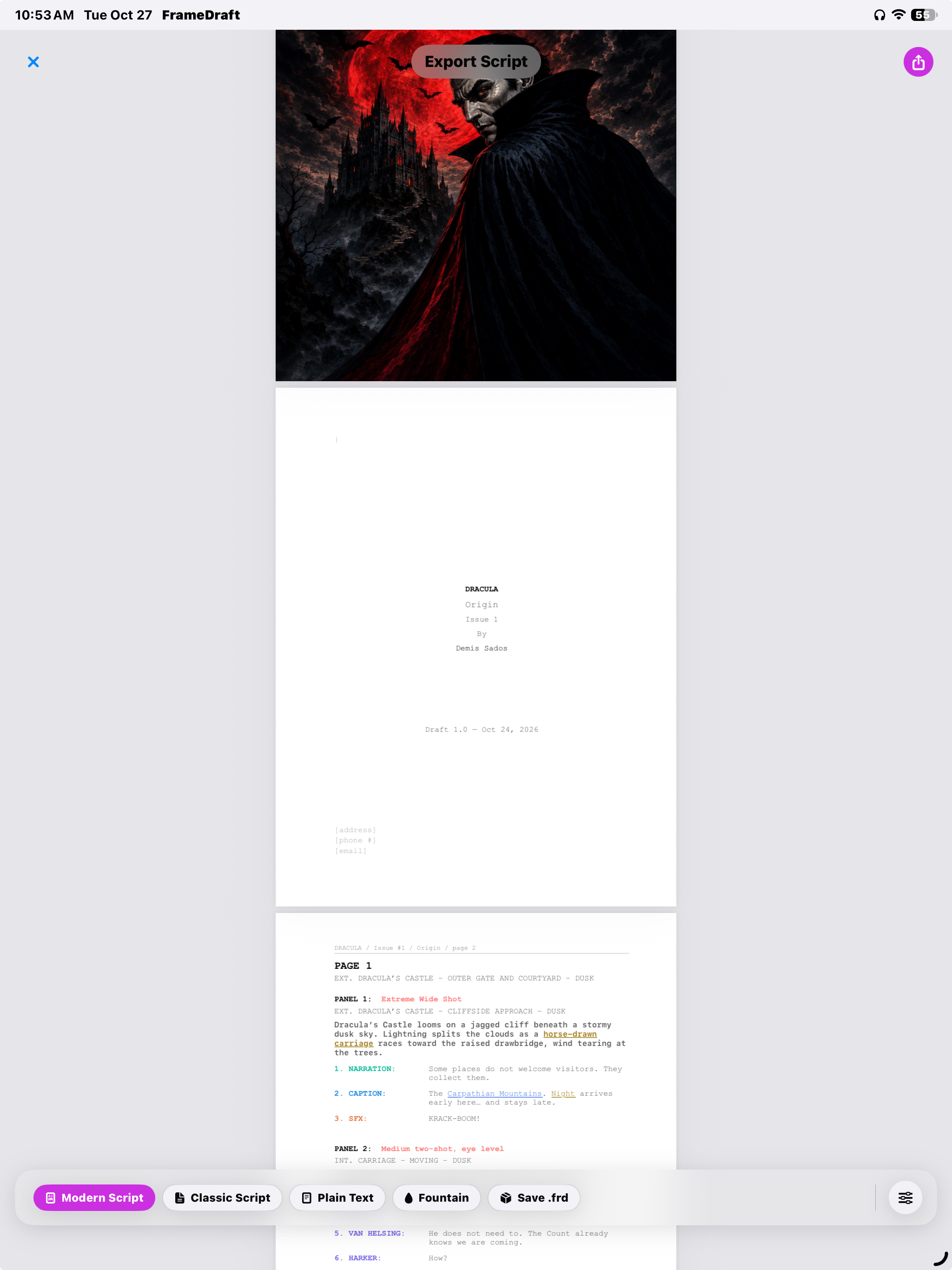 FrameDraft on iPad: Modern Script export preview with cover art, title page and colored elements