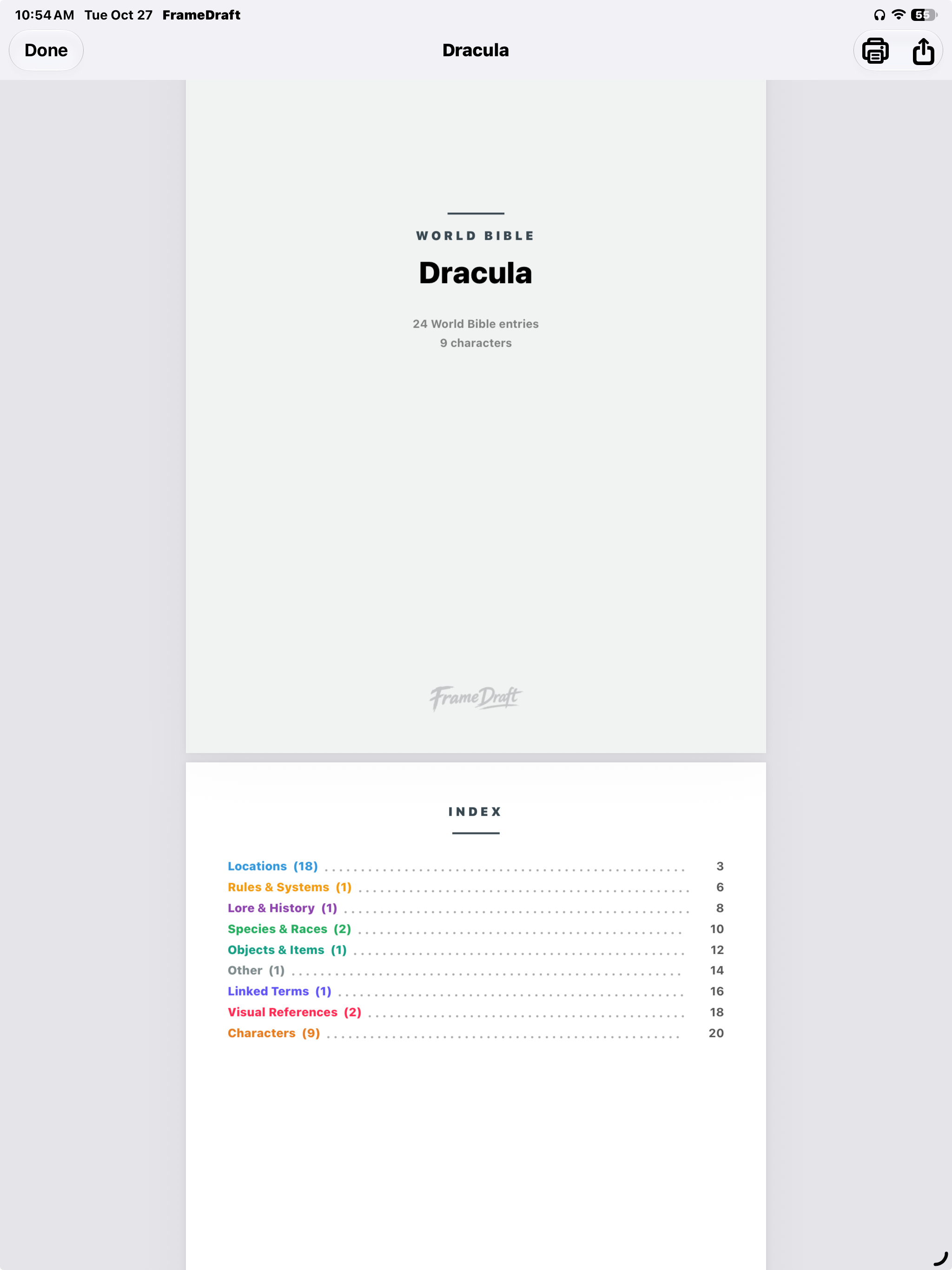 FrameDraft on iPad: World Bible export preview with cover, entry totals and a color-coded index