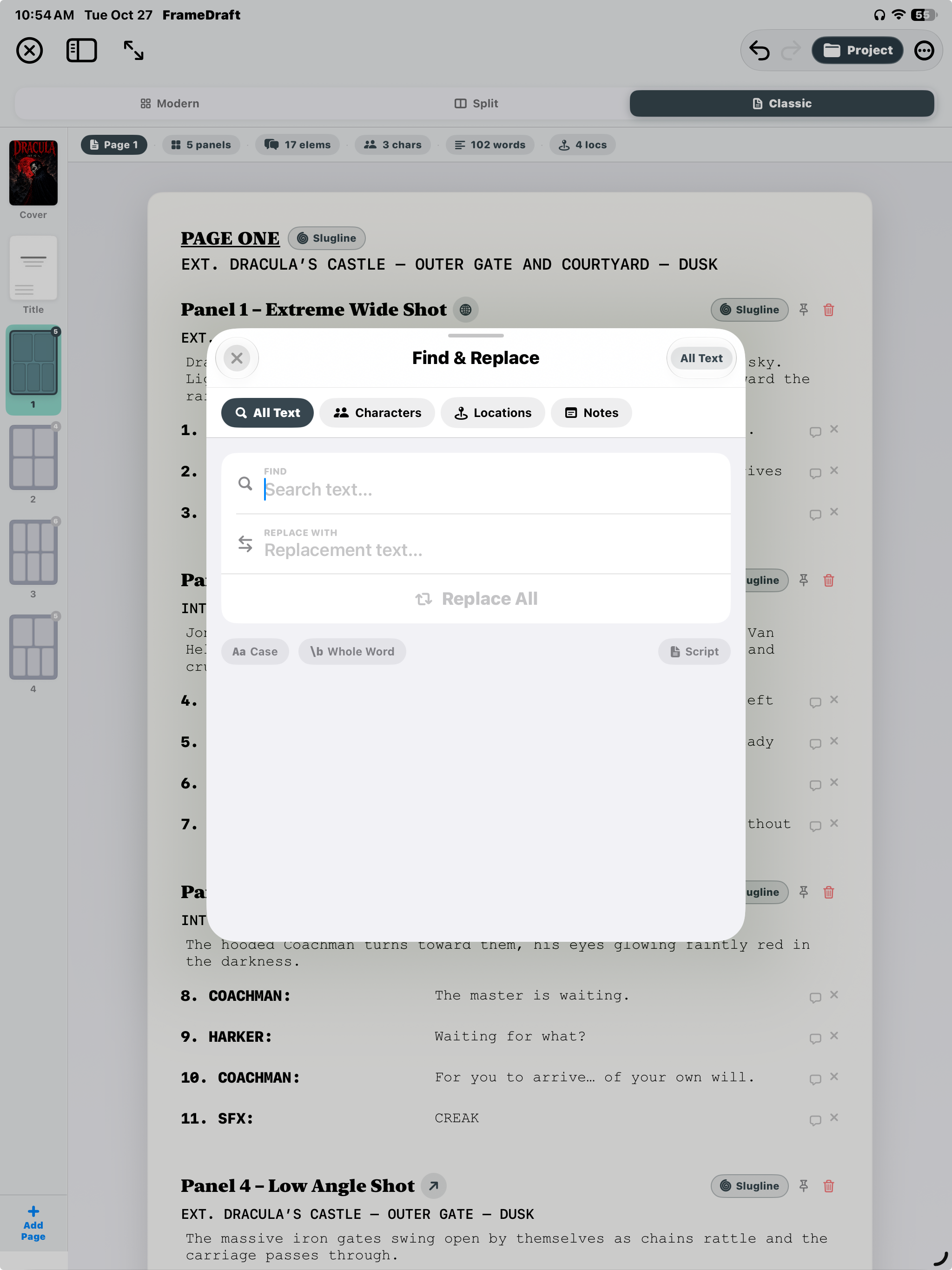FrameDraft on iPad: Find & Replace with text-type filters, case and whole-word matching, replacement fields and Script scope