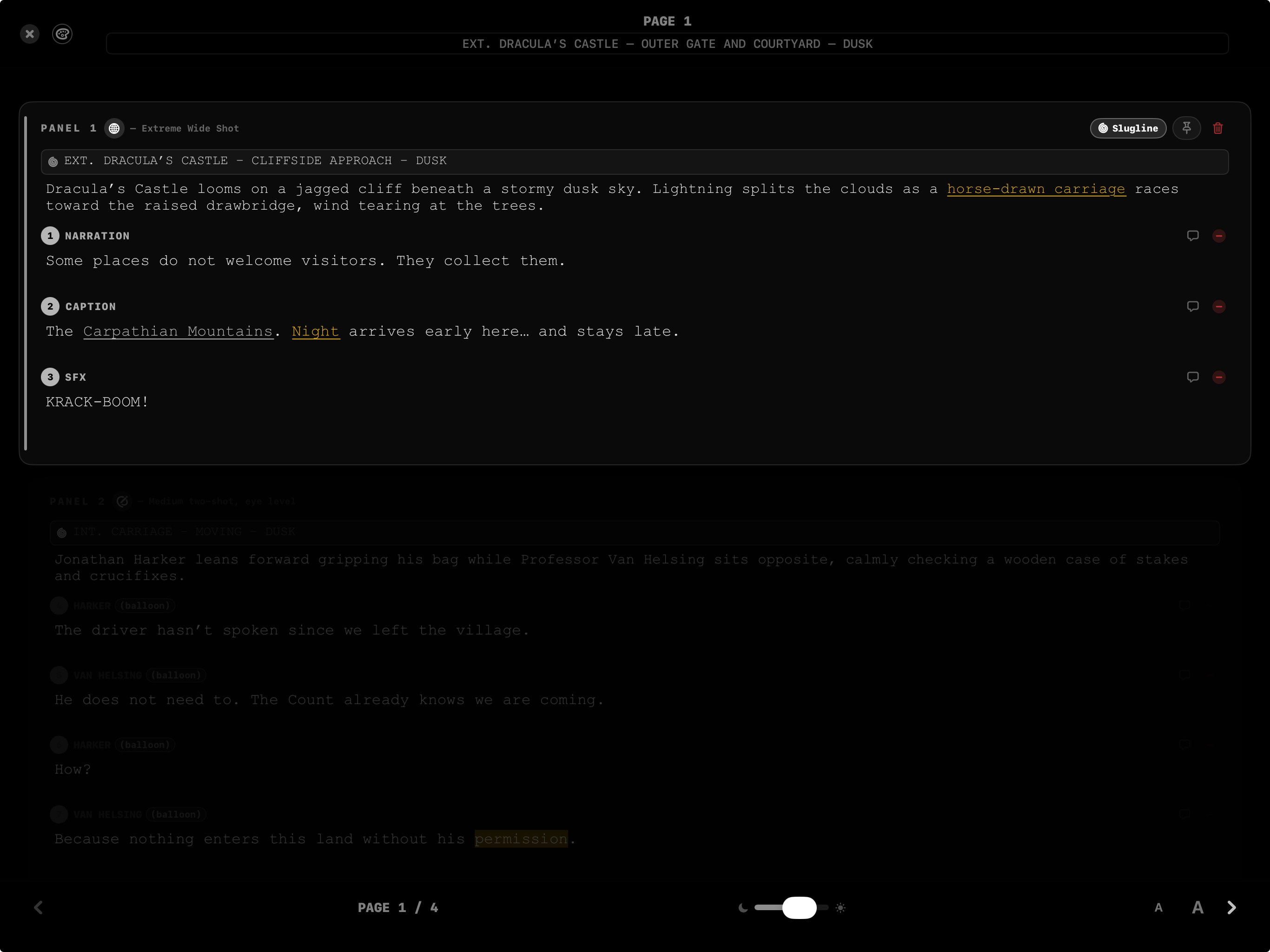 FrameDraft on iPad: black Focus appearance emphasizing the active panel