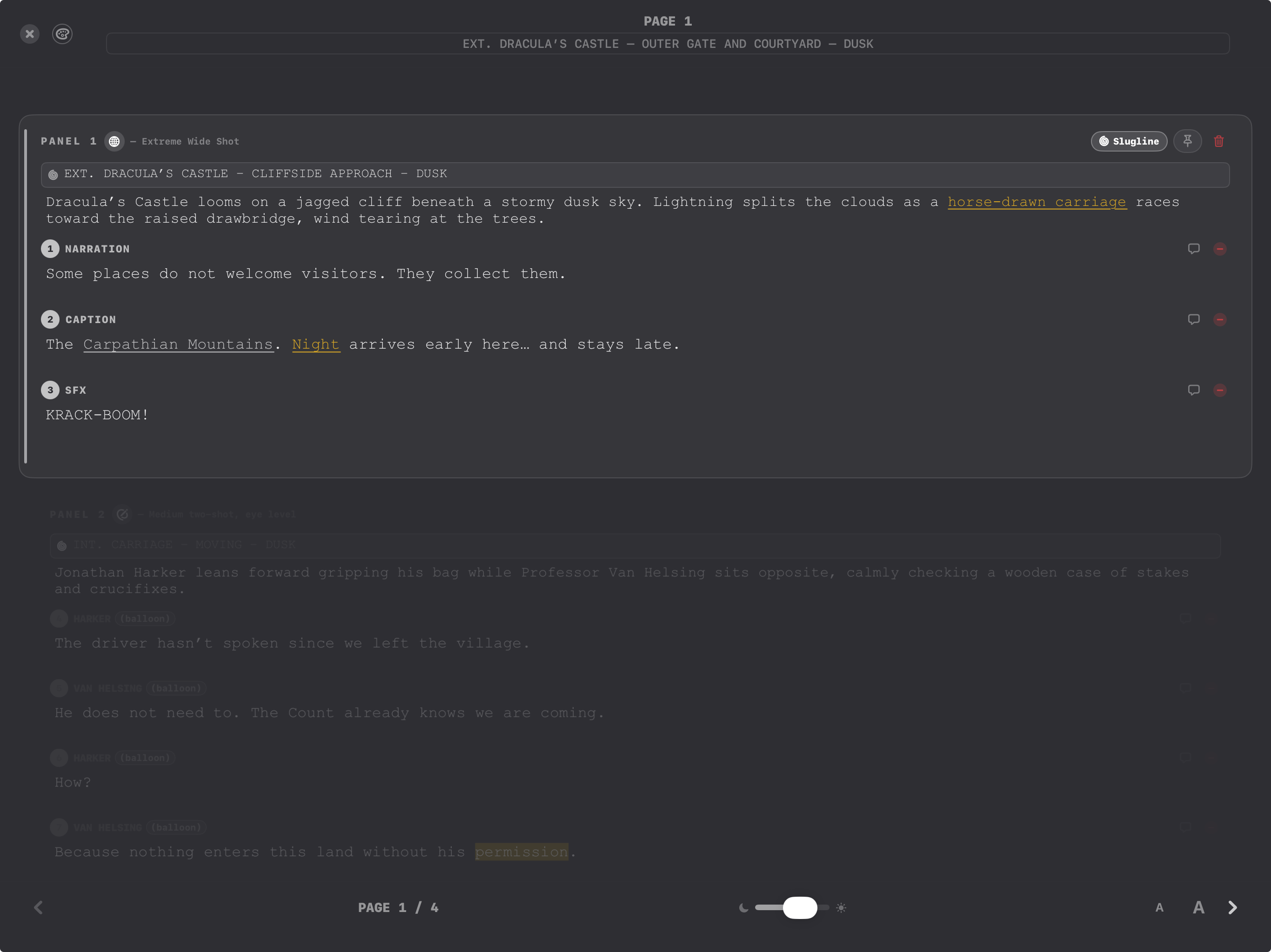 FrameDraft on iPad: charcoal Focus appearance emphasizing the active panel
