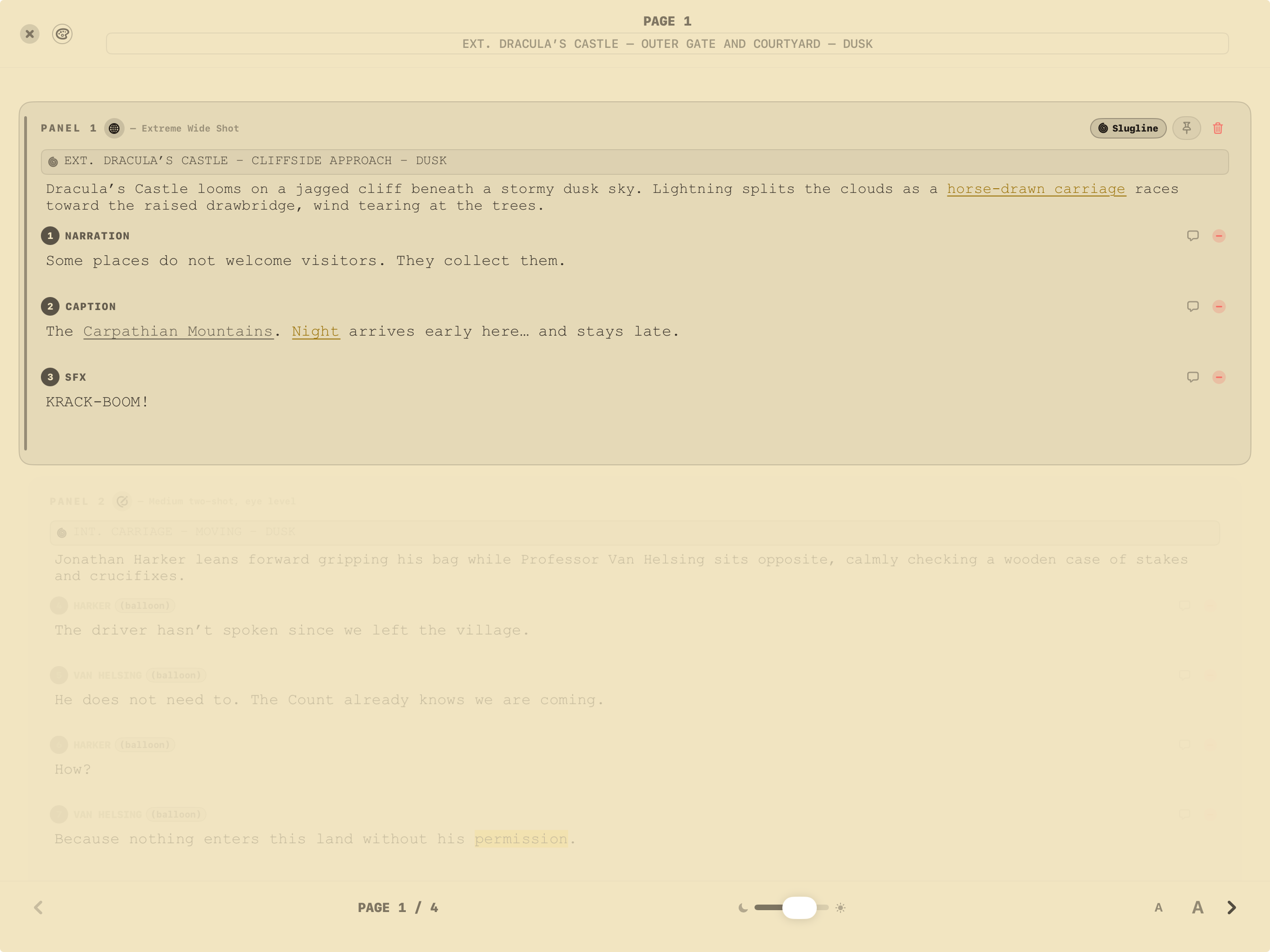 FrameDraft on iPad: light sepia Focus appearance emphasizing the active panel