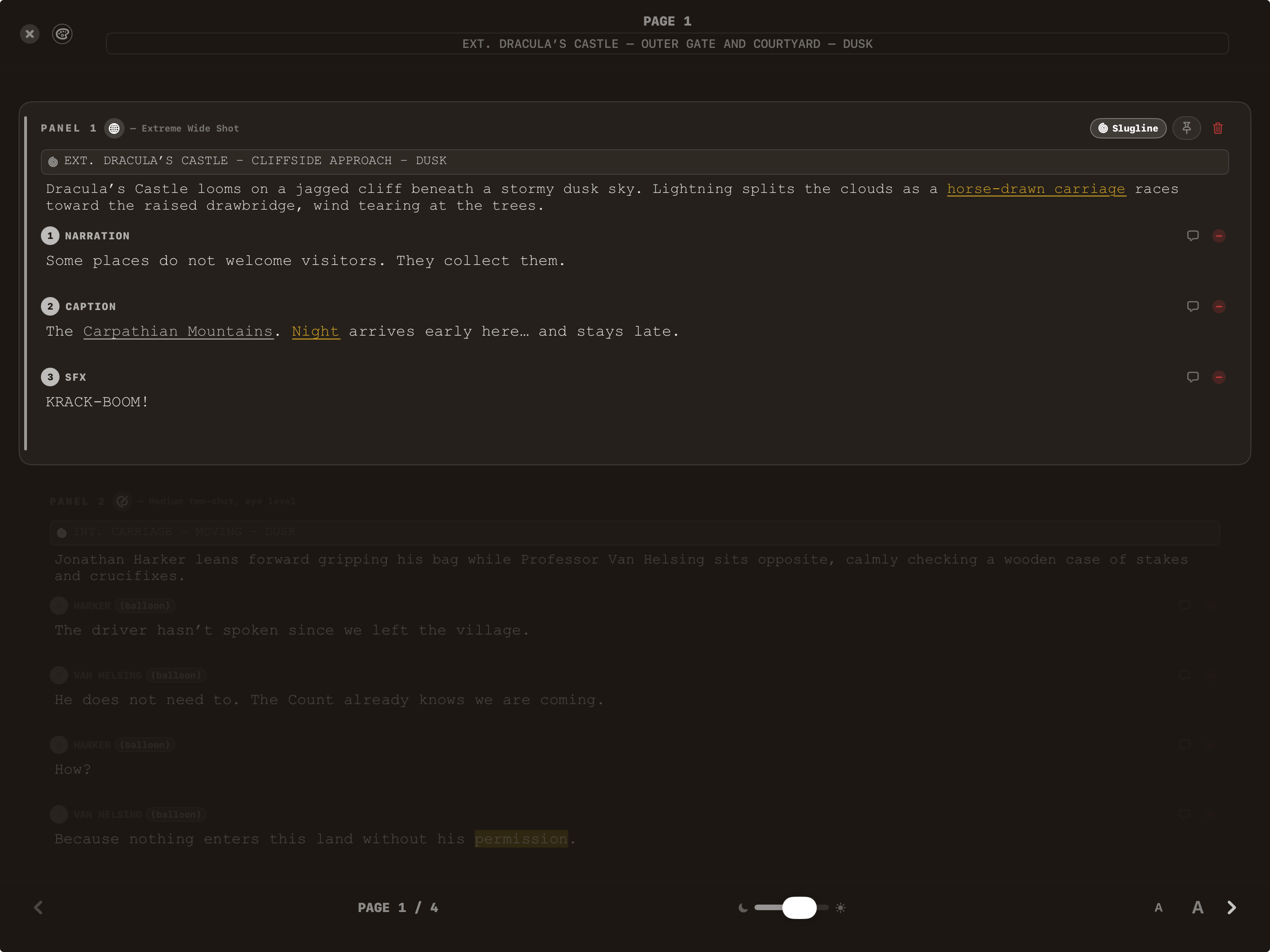 FrameDraft on iPad: dark brown Focus appearance emphasizing the active panel