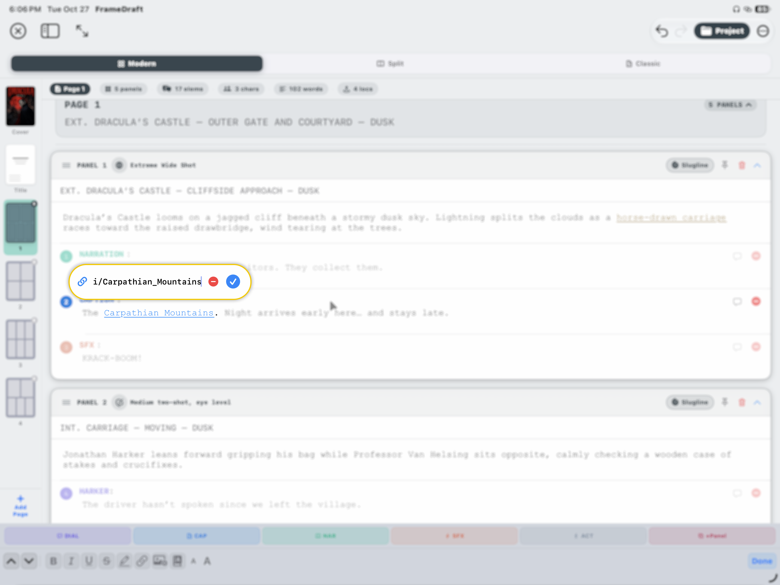 FrameDraft on iPad: the link editor for selected script text