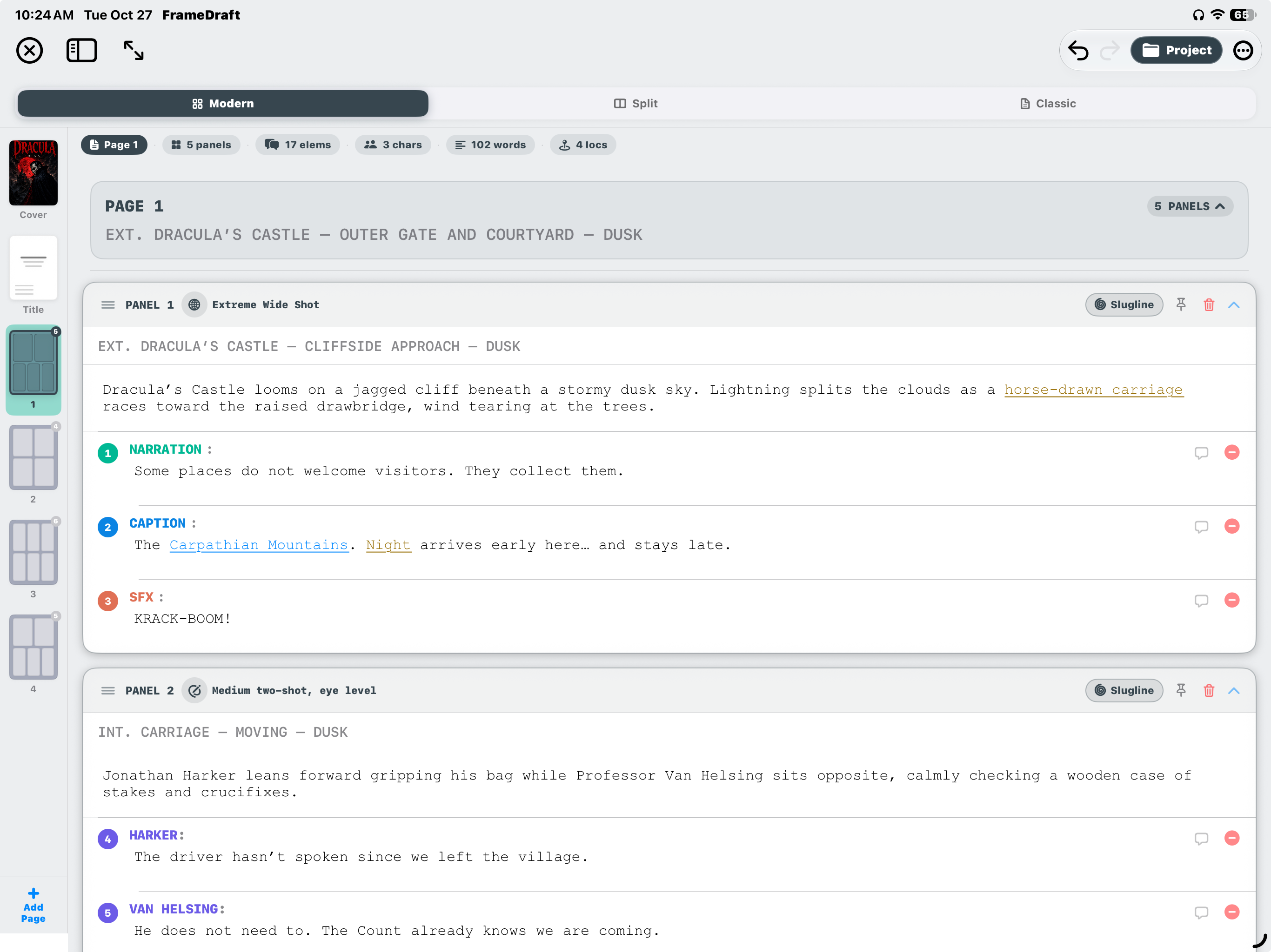 FrameDraft on iPad: Modern editor with colored comic elements and page thumbnails