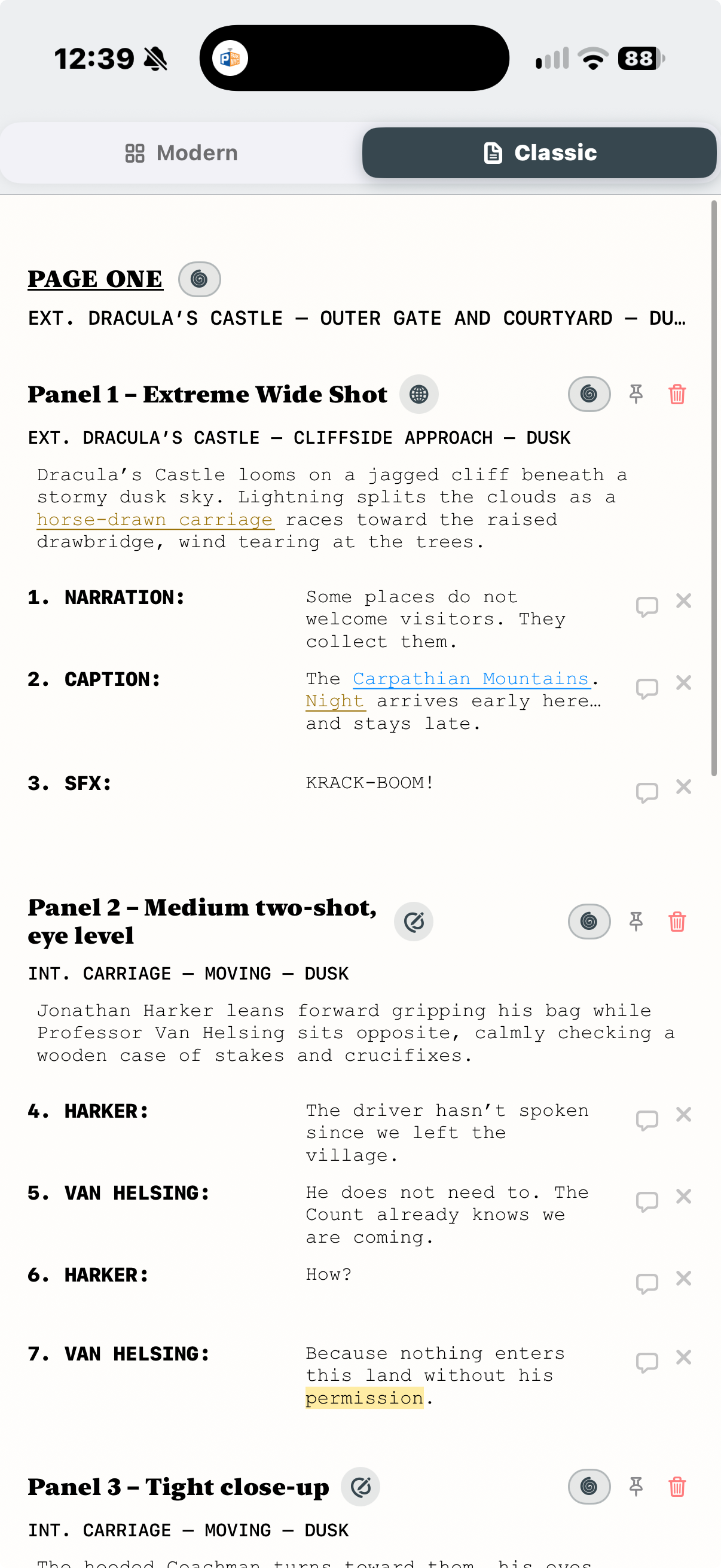 FrameDraft on iPhone: Classic comic script editor with numbered dialogue and panel descriptions
