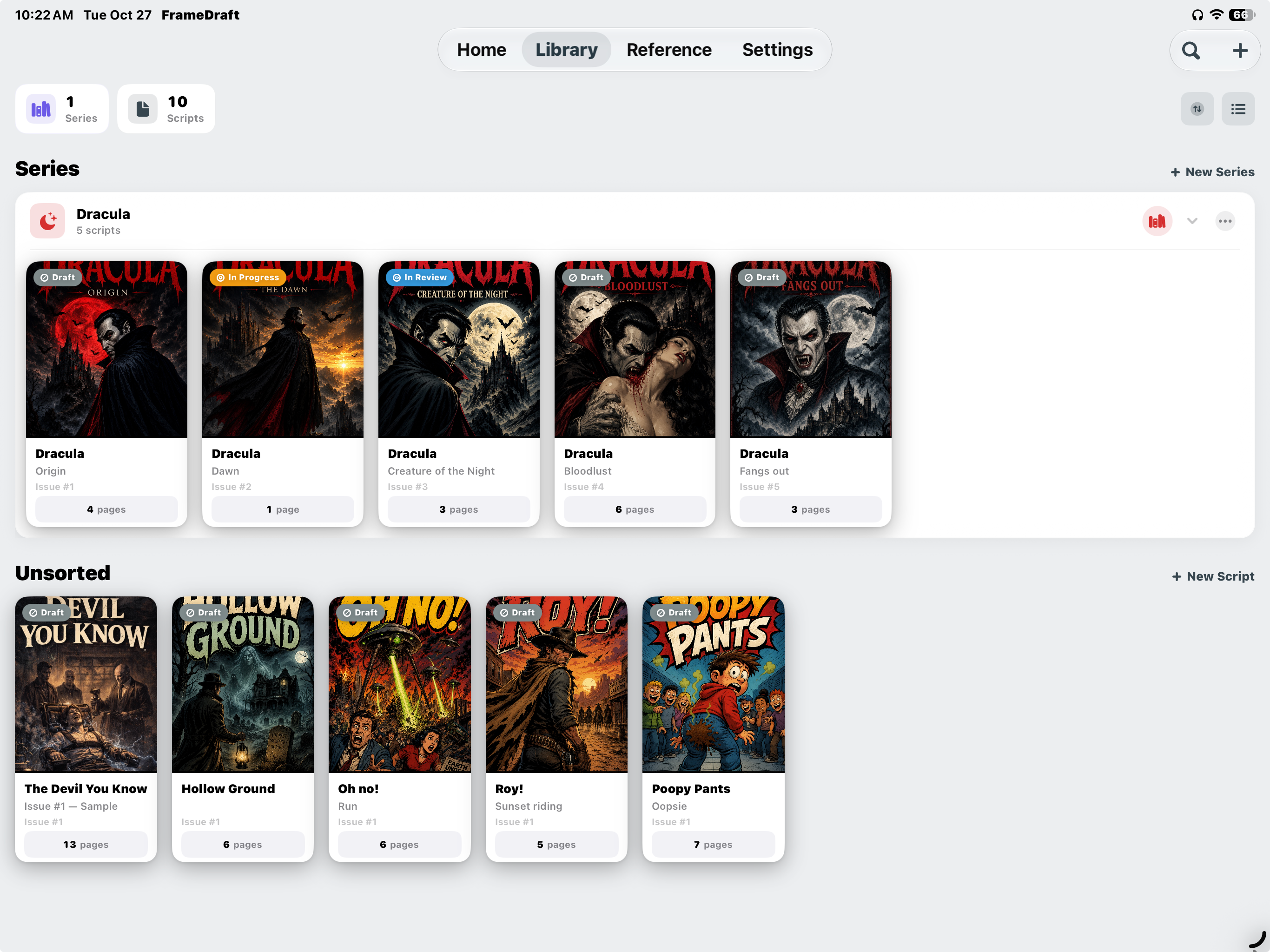 FrameDraft on iPad: series, script covers, issue numbers and writing status in the Library