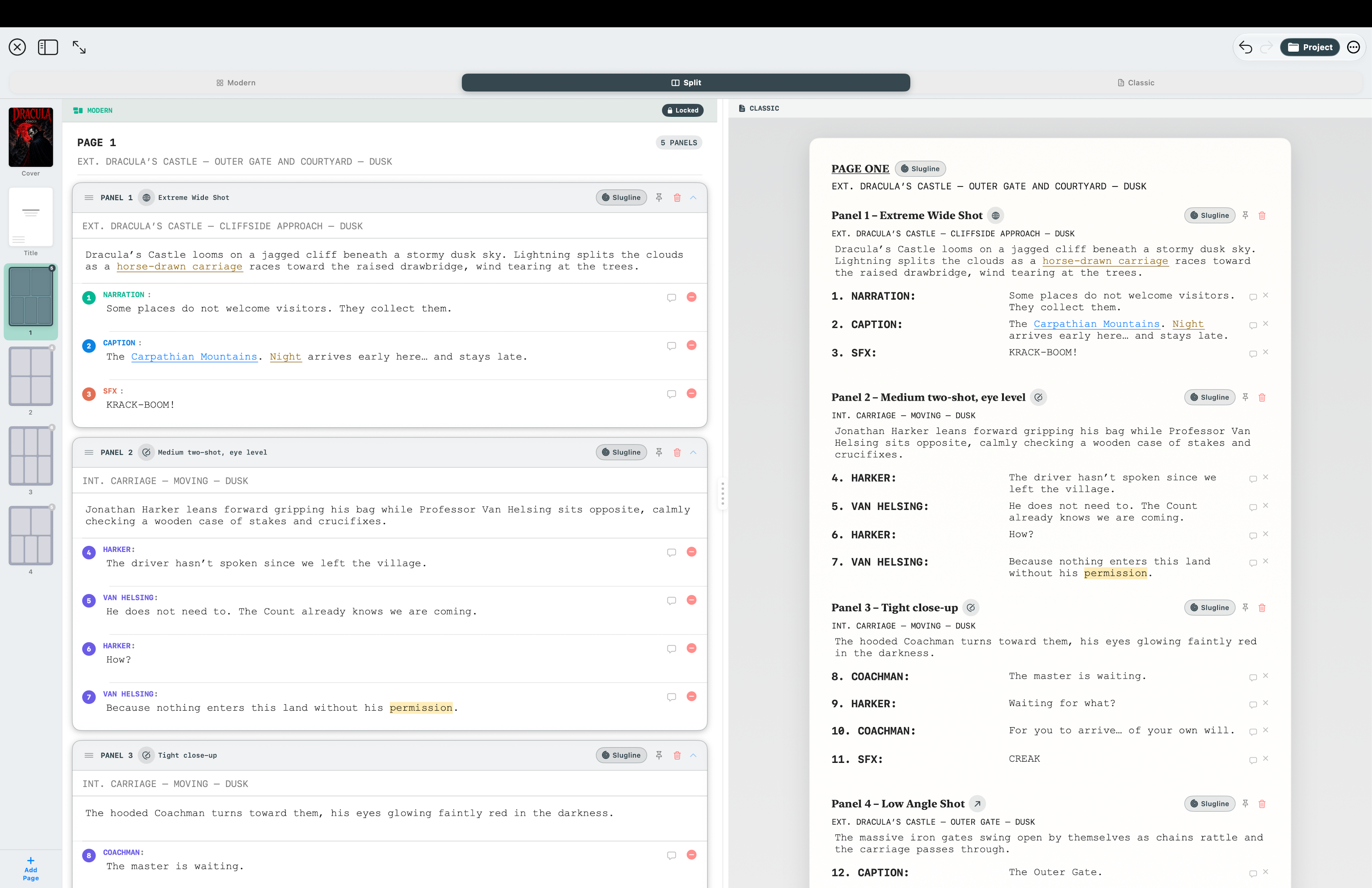 FrameDraft on Mac: a comic panel in Split editor with Modern cards and Classic script side by side