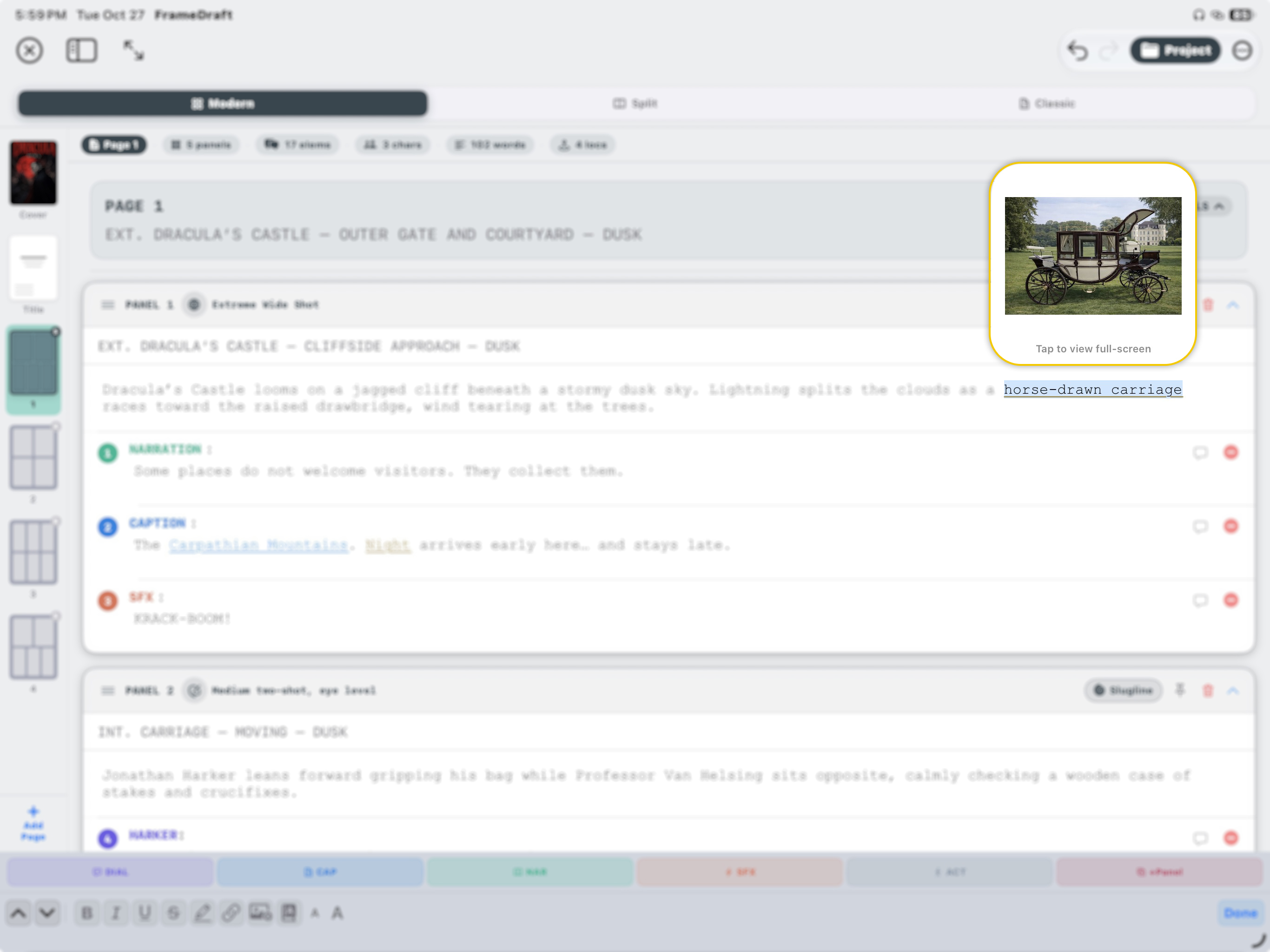 FrameDraft on iPad: an inline photo reference preview in the Modern editor