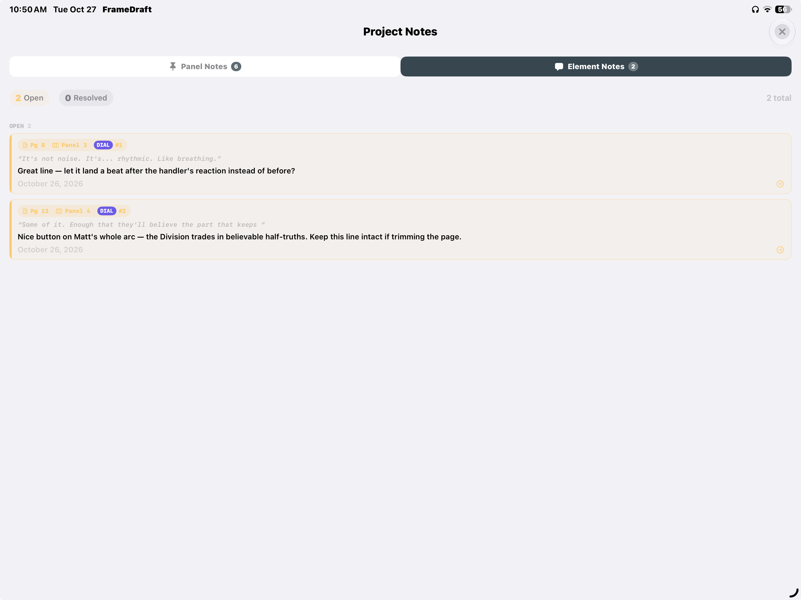 FrameDraft on iPad: Project Notes collecting element notes with quoted dialogue and page, panel and element context