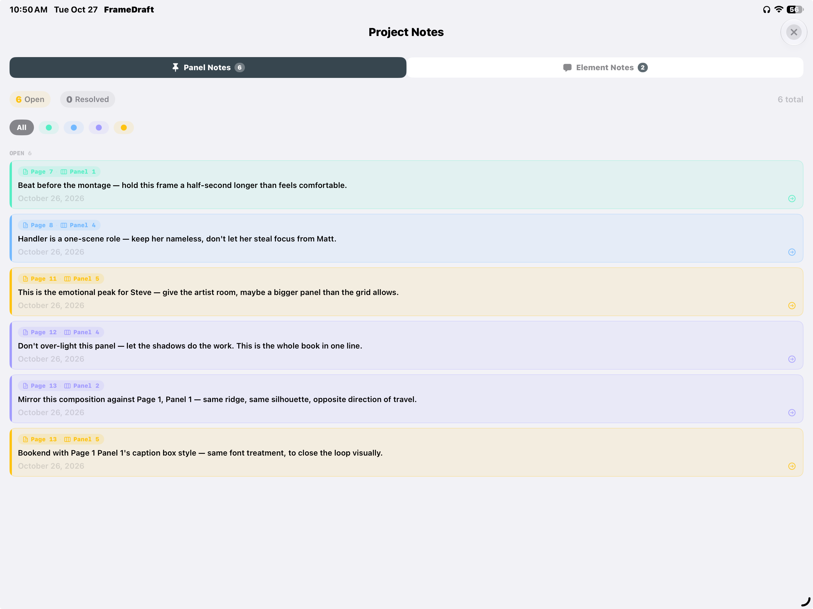 FrameDraft on iPad: Project Notes collecting color-coded panel notes with filters and Open and Resolved totals