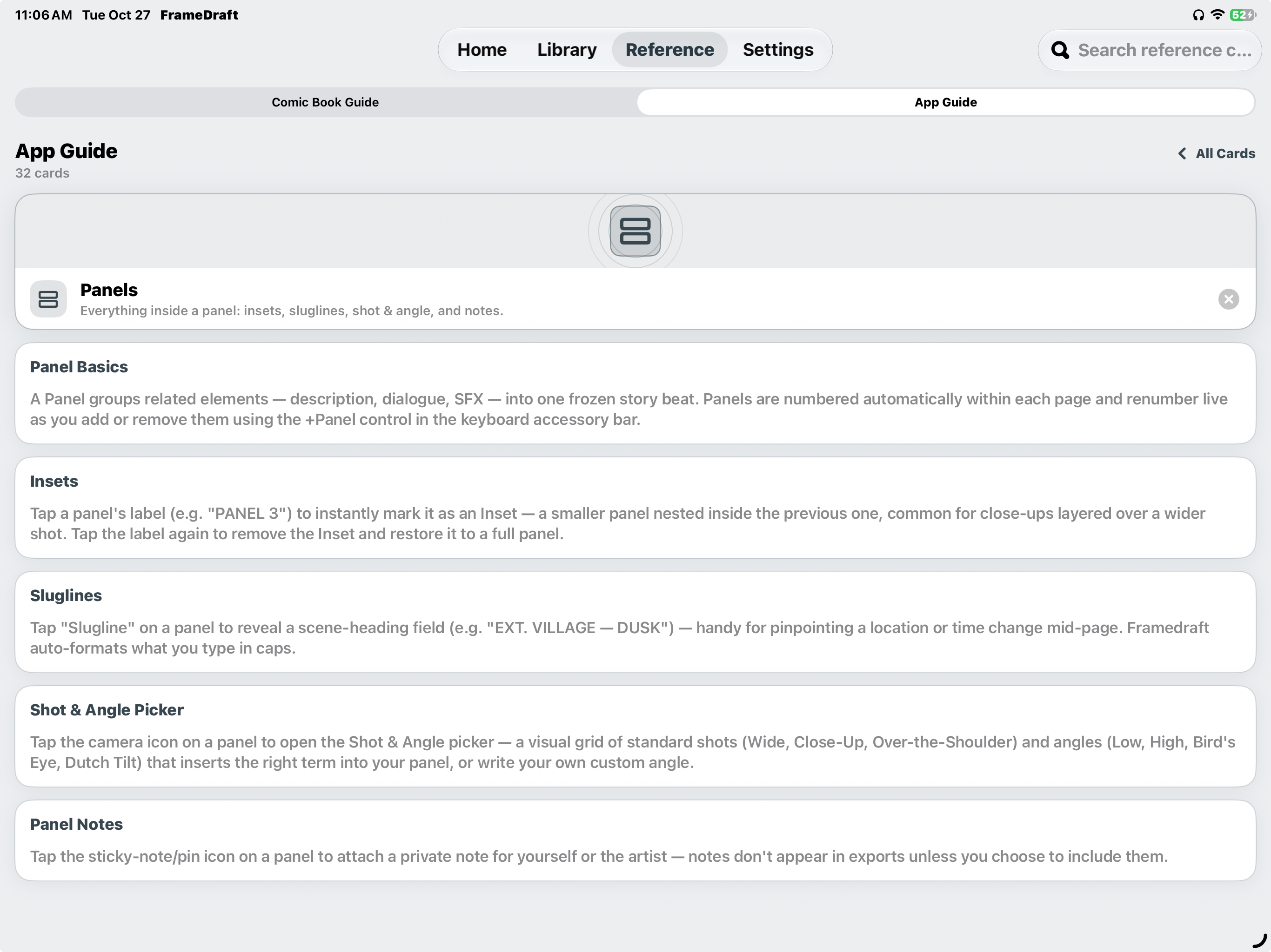 FrameDraft on iPad: opened Panels guide covering numbering, insets, sluglines, shots, angles and private panel notes