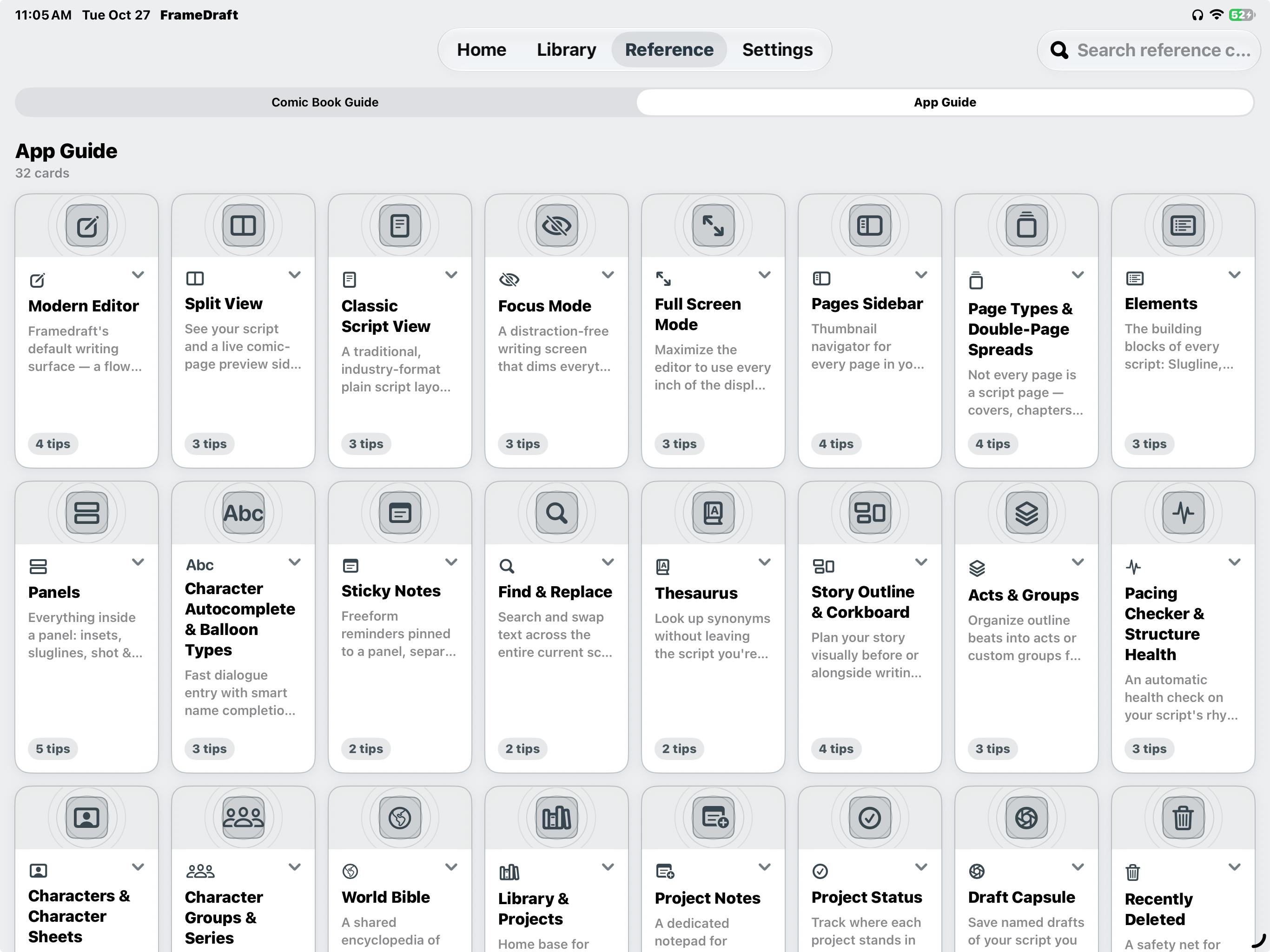 FrameDraft on iPad: searchable App Guide topic grid and Comic Book Guide tab