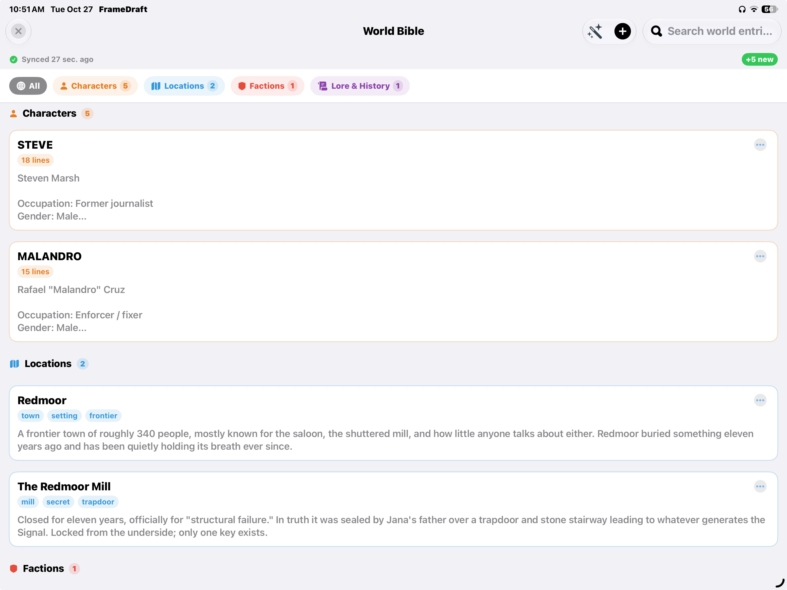 FrameDraft on iPad: Script World Bible with Characters, Locations, Factions and Lore & History