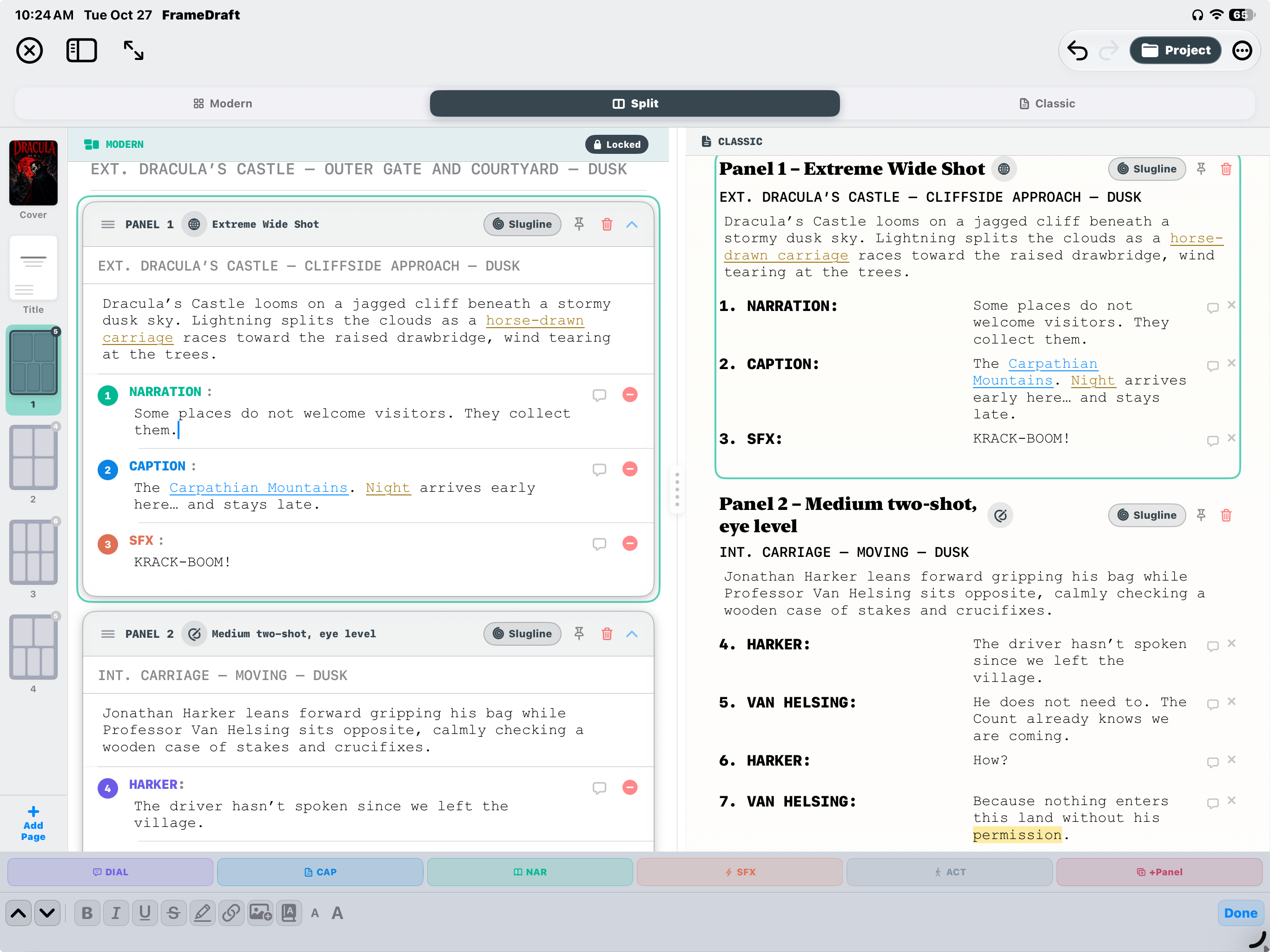 FrameDraft on iPad: Split editor with element-insertion and text-formatting bars