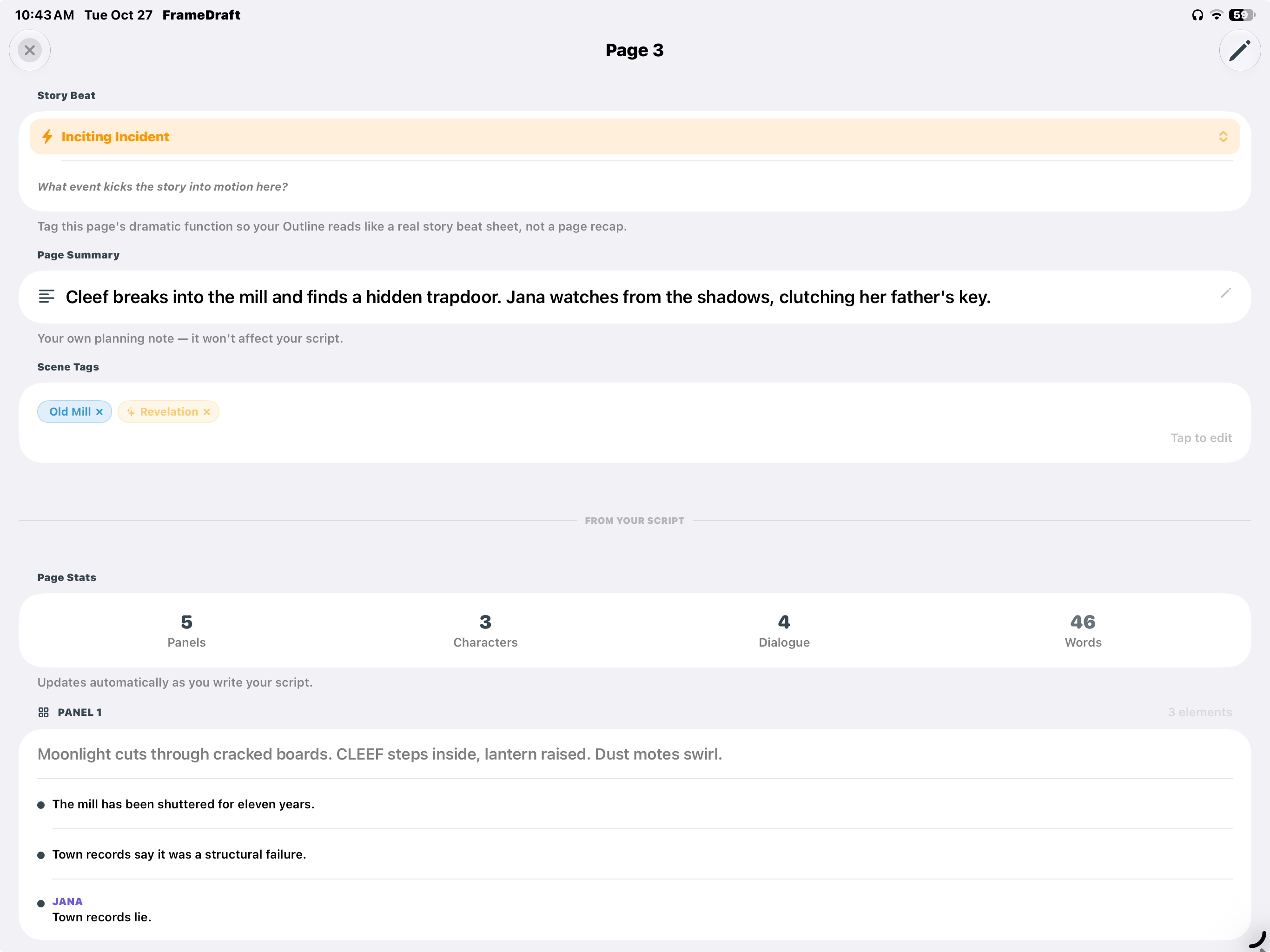 FrameDraft on iPad: opened Page 3 outline card with dramatic function, summary, tags and script statistics