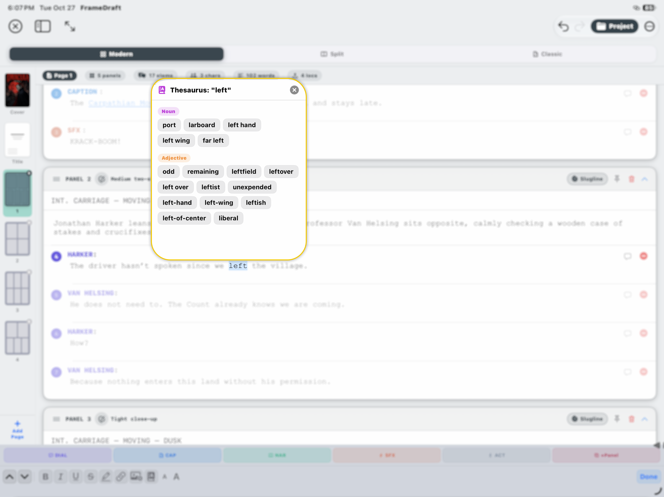 FrameDraft on iPad: thesaurus suggestions for a selected word